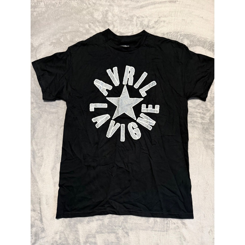 Avril Lavigne Graphic T-Shirt Mens M Black Silver Glitter Star Logo Concert Tee